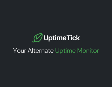 Koyu zeminde yeşil yaprak işaretli UptimeTick logosu ve Your Alternate Uptime Monitor yazısı.