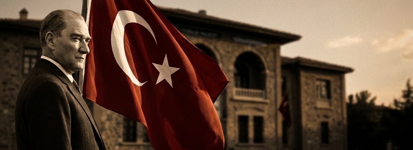 Mustafa Kemal Atatürk, Türk bayrağı ve Birinci Meclis binasının önünde