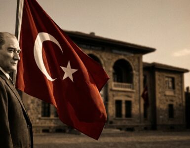 Mustafa Kemal Atatürk, Türk bayrağı ve Birinci Meclis binasının önünde