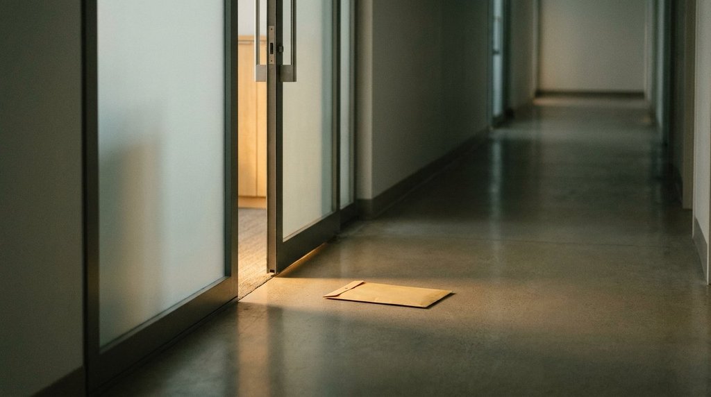 Yarı açık bir ofis kapısının önünde yere bırakılmış zarf