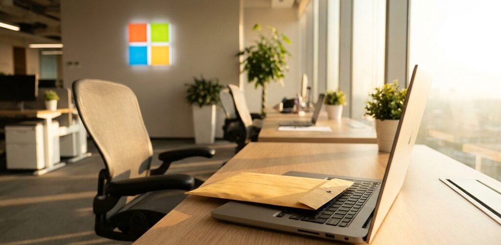 Boş bir ofis masasında dizüstü bilgisayarın klavyesinin üzerine bırakılmış zarf ve arka duvarda Microsoft logosu