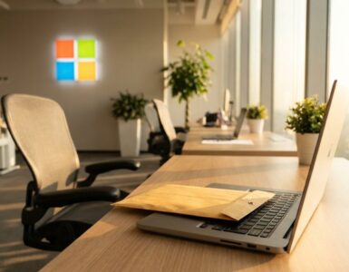 Boş bir ofis masasında dizüstü bilgisayarın klavyesinin üzerine bırakılmış zarf ve arka duvarda Microsoft logosu